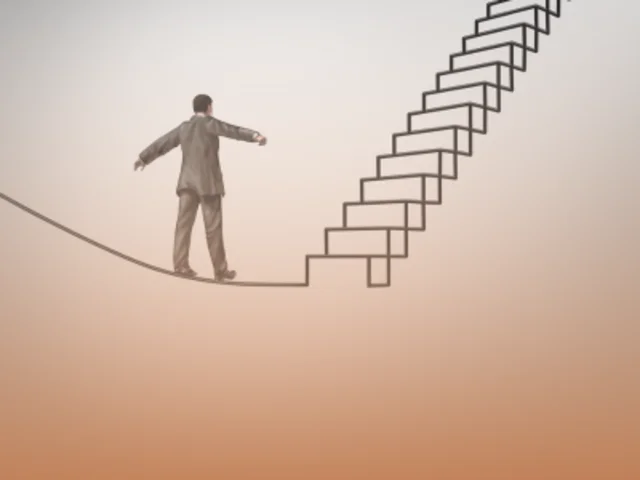 Symbolhafter Mann balanciert auf einem Seil auf eine Treppe zu