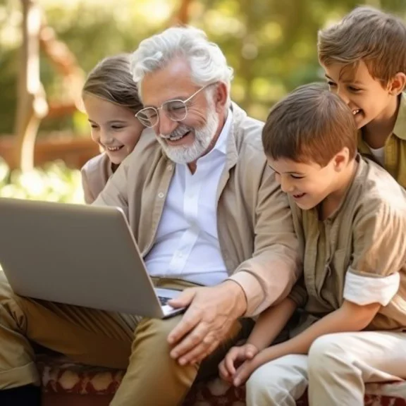 Älterer Herr mit Kindern vor einem Laptop