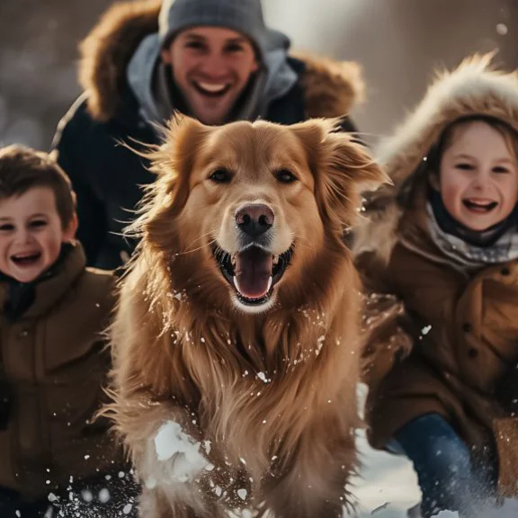 Familie mit Hund im Schnee