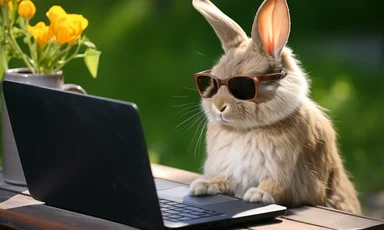 Hase mit Sonnenbrille vor Laptop
