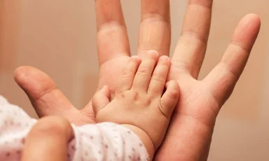 Eine Babyhand in einer Erwachsenenhand