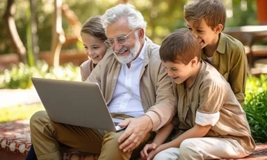 Älterer Herr mit Kindern vor einem Laptop
