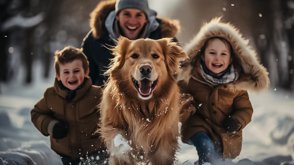 Familie mit Hund im Schnee